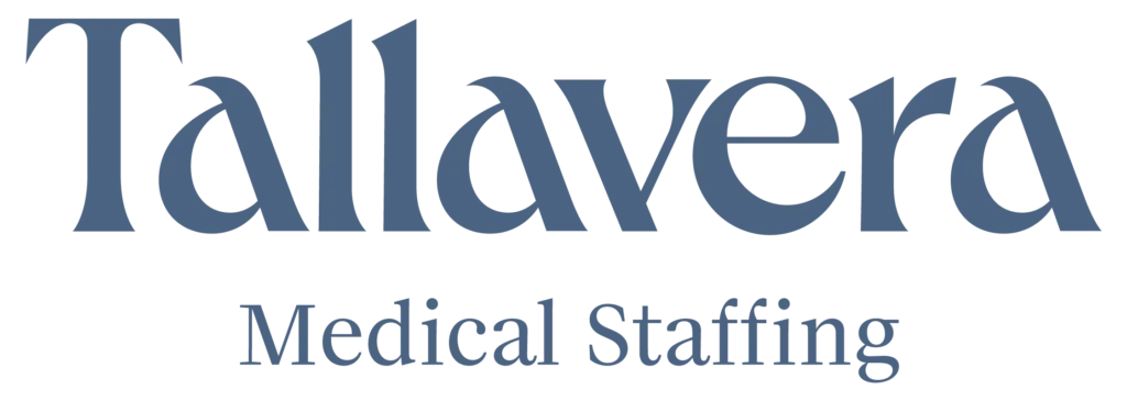 The full Tallavera logo in blue - Tallavera is your medical staffing partner.